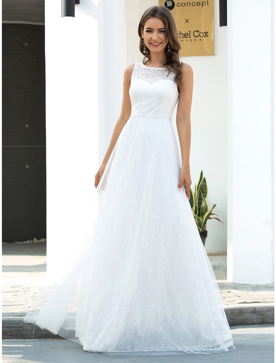 Long Beach Wedding Dresses A-Line Scoop Neck Sleeveless Floor Length Lace Bridal Gowns With Lace