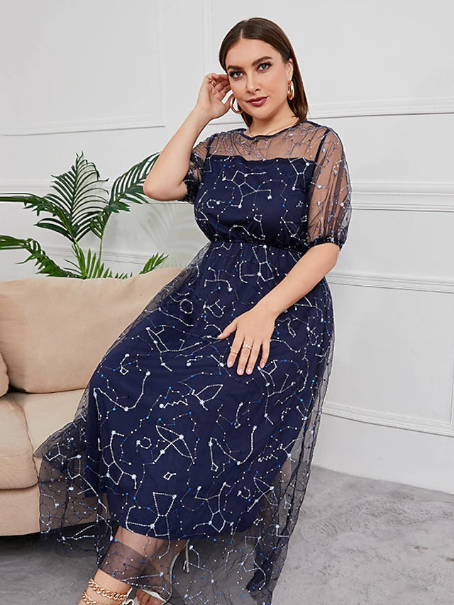 Plus Size Curve Mother of the Bride Dress Party Sparkle & Shine Scoop Neck Ankle Length Tulle Half Sleeve with Sequin