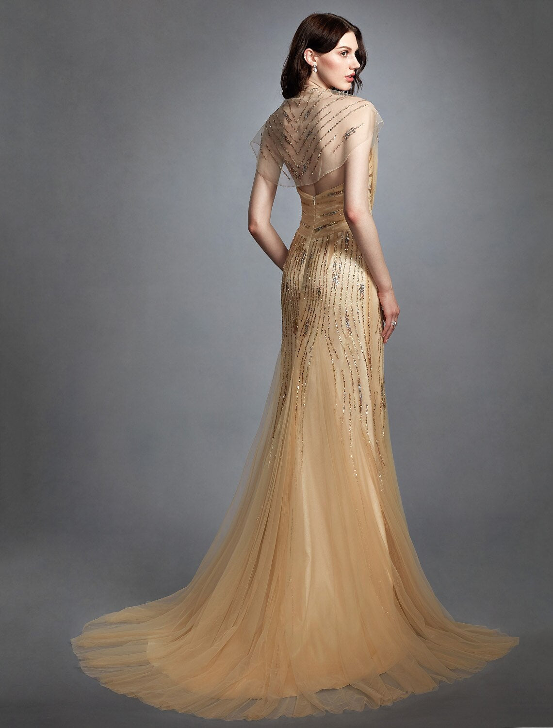 Sheath / Column V Neck Sweep Train Tulle Made-To-Measure Wedding Dresses with Sequin