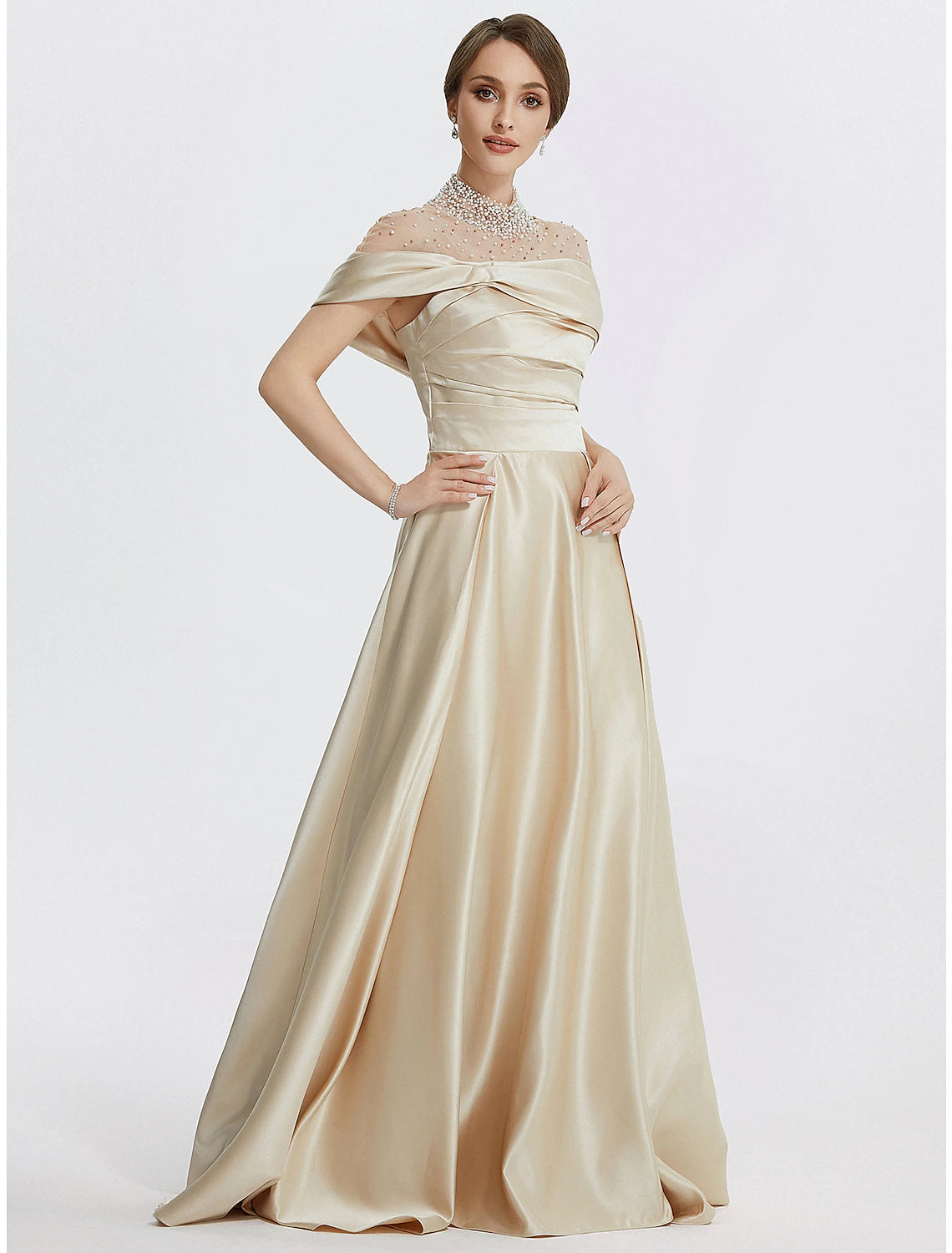 A-Line Evening Gown Elegant Dress Formal Prom Floor Length Sleeveless High Neck Italy Satin with Ruched
