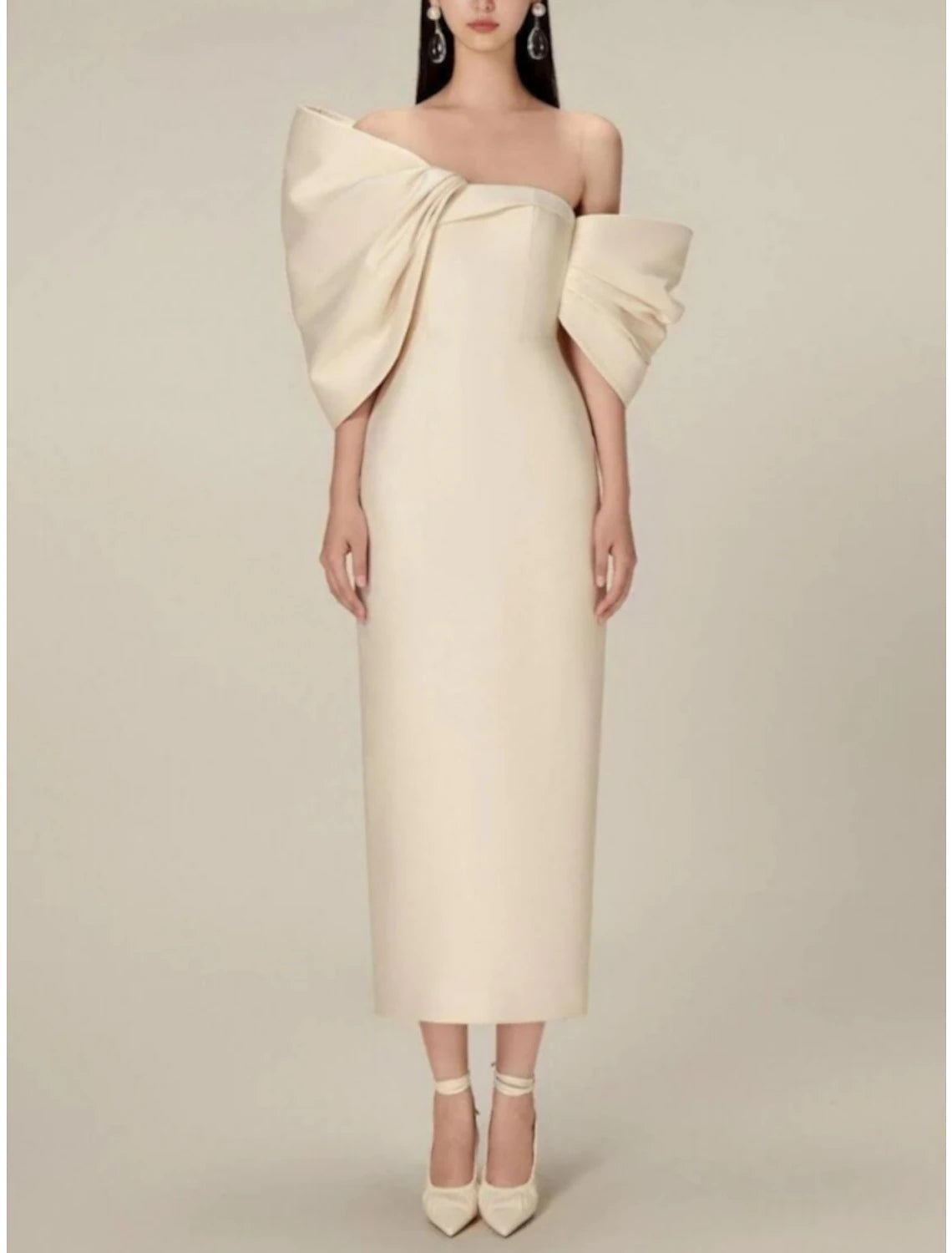 Sheath / Column Evening Gown Elegant Dress Formal Tea Length Half Sleeve Off Shoulder Satin with Bow(s)