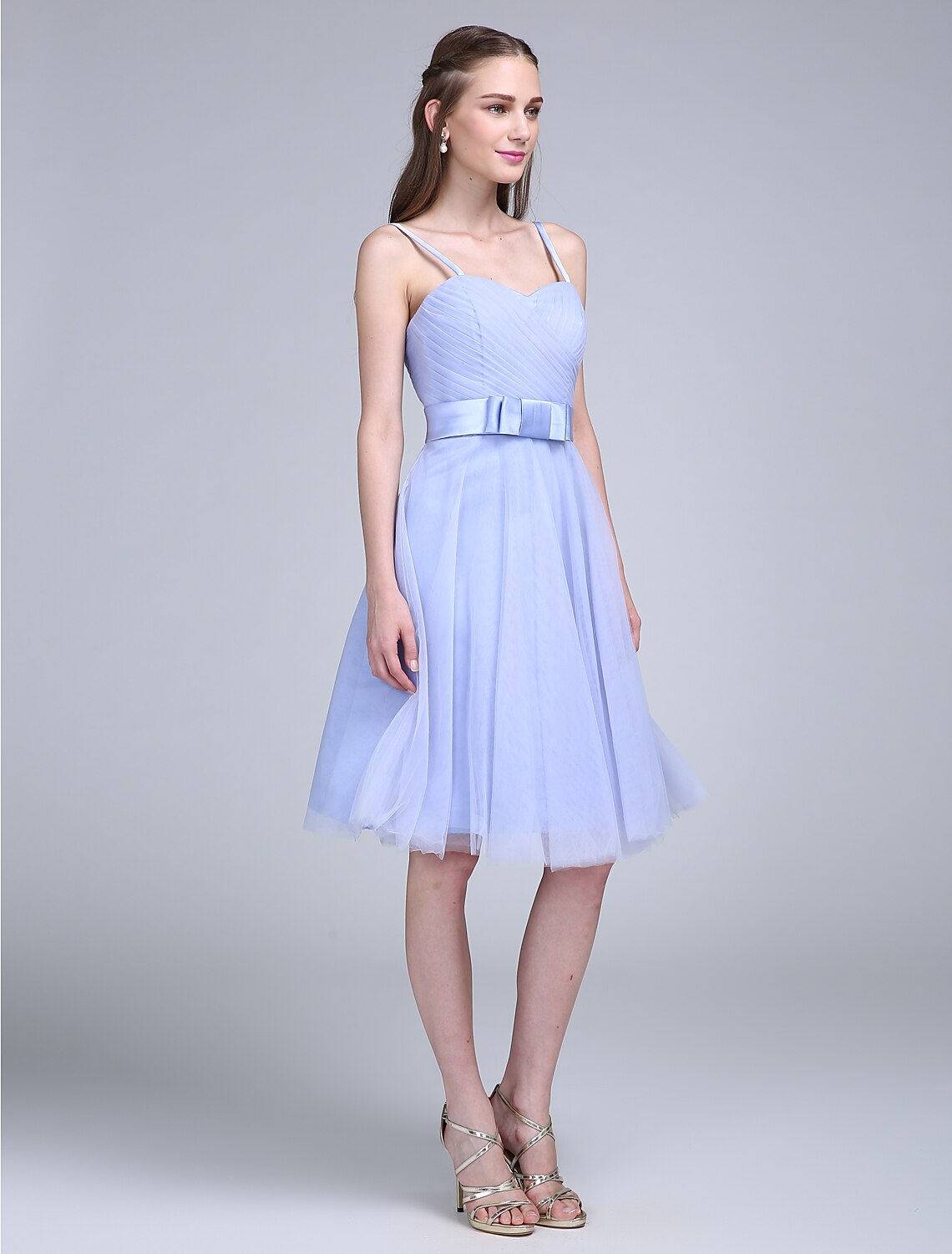 A-Line Bridesmaid Dress Spaghetti Strap Sleeveless Knee Length Tulle with Bow(s) Cross