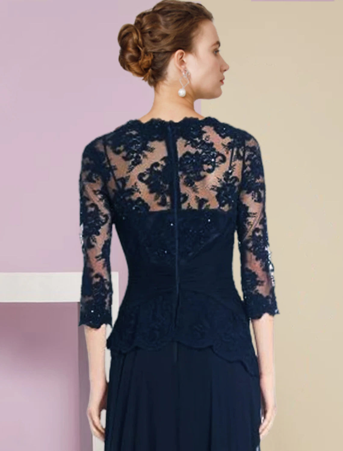 A-Line Mother of the Bride Dress Formal Wedding Guest Elegant Scoop Neck Floor Length Chiffon Lace Half Sleeve with Pleats Appliques
