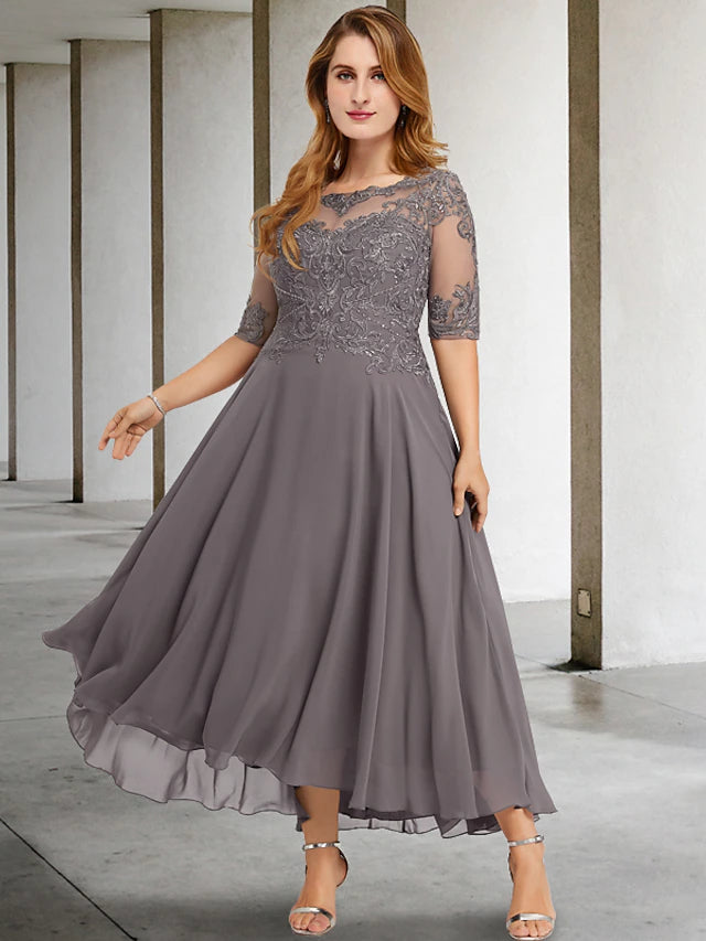 A-Line Plus Size Curve Mother of the Bride Dresses Elegant Dress Formal Asymmetrical Half Sleeve Jewel Neck Chiffon