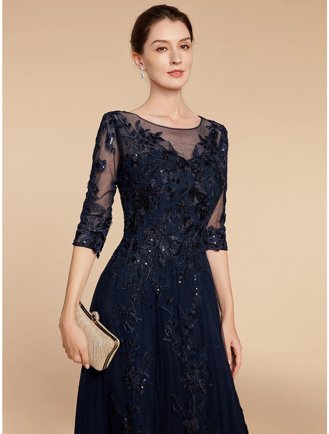 A-Line Mother of the Bride Dress Formal Wedding Guest Elegant Party Scoop Neck Floor Length Chiffon Lace 3/4 Length Sleeve with Sequin