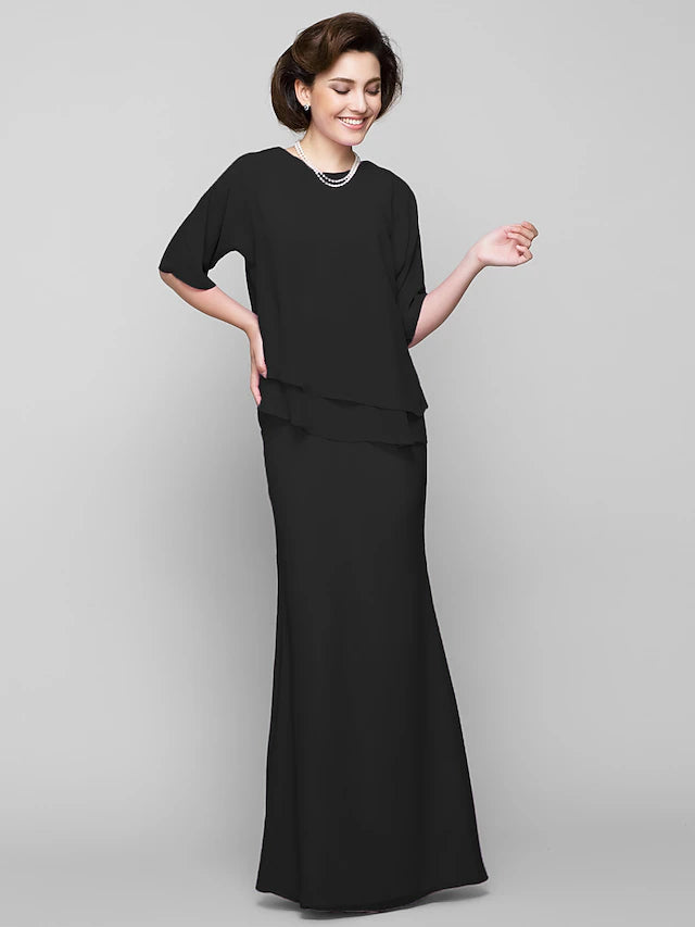 Mermaid / Trumpet Mother of the Bride Dress Elegant Scoop Neck Floor Length Chiffon Half Sleeve