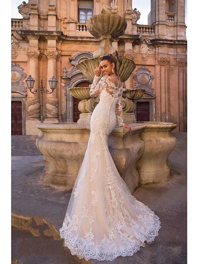 Engagement Formal Fall Wedding Dresses Mermaid / Trumpet Illusion Neck Long Sleeve Court Train Lace Bridal
