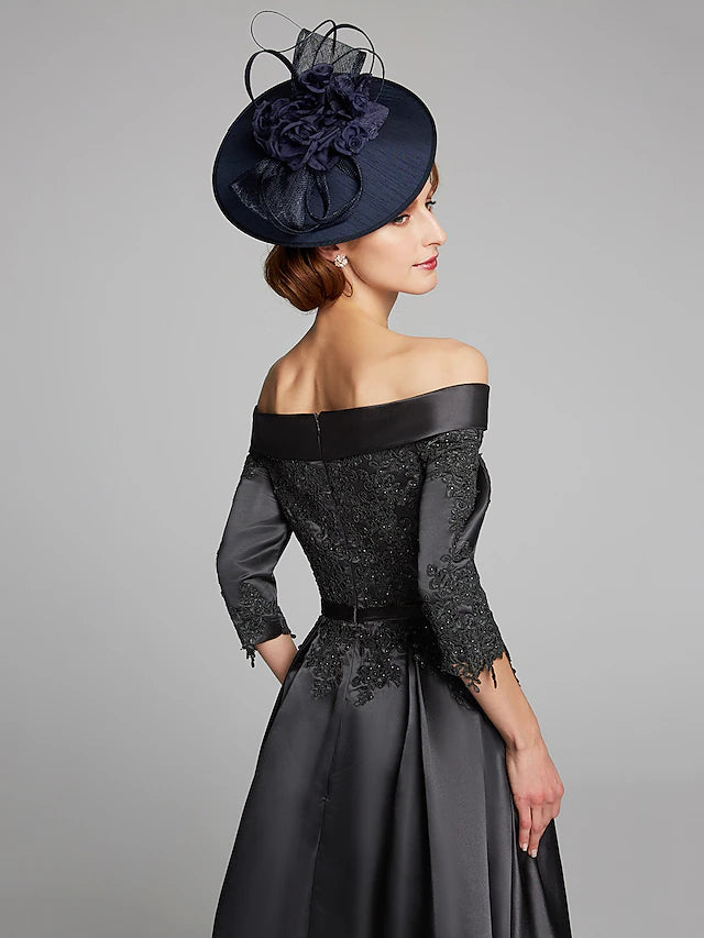 A-Line Mother of the Bride Dress Plus Size Sexy Off Shoulder Tea Length Satin Lace 3/4 Length Sleeve