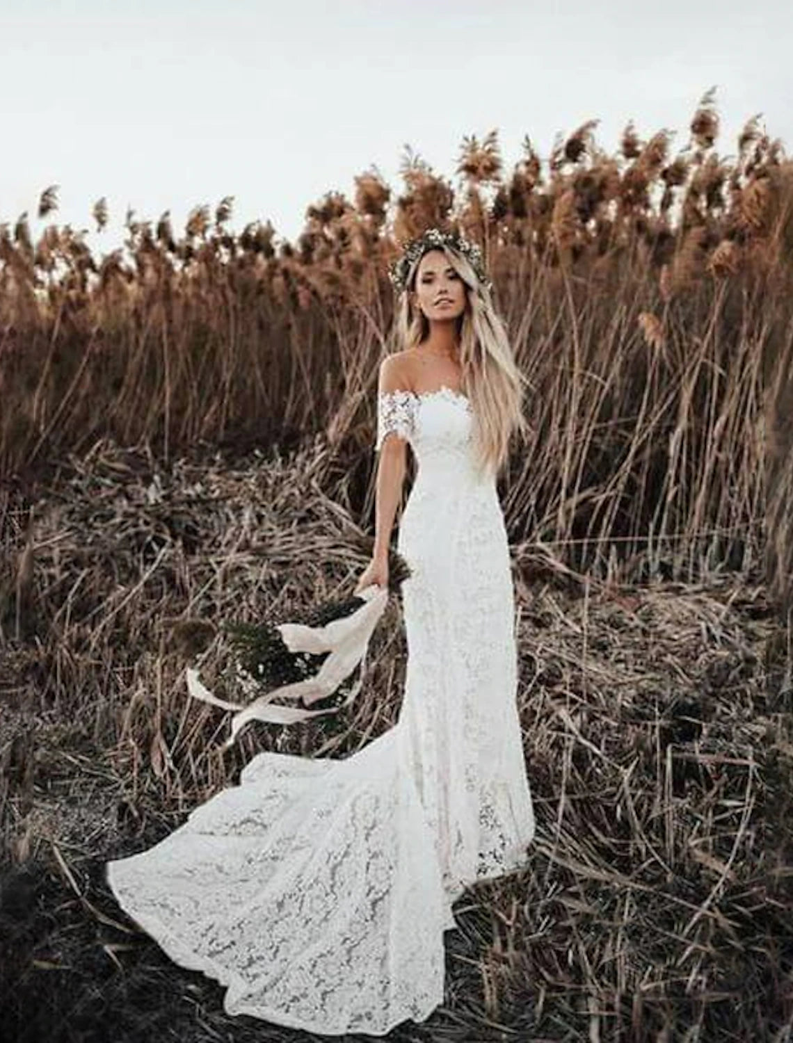 Beach Boho Wedding Dresses Mermaid / Trumpet Off Shoulder Cap Sleeve Chapel Train Lace Bridal Gowns With Appliques
