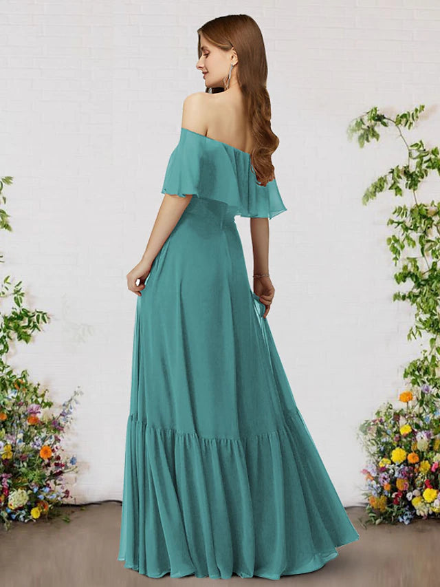 A-Line Bridesmaid Dress Off Shoulder Sleeveless Elegant Floor Length Chiffon