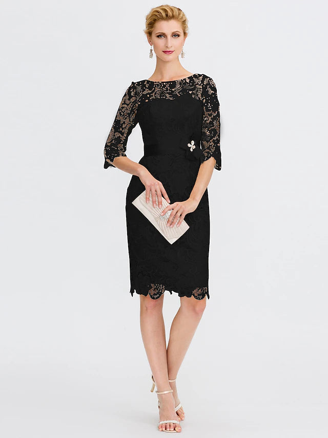 Sheath / Column Mother of the Bride Dress Formal Wedding Guest Plus Size Elegant Illusion Neck Knee Length All Over Lace 3/4 Length Sleeve