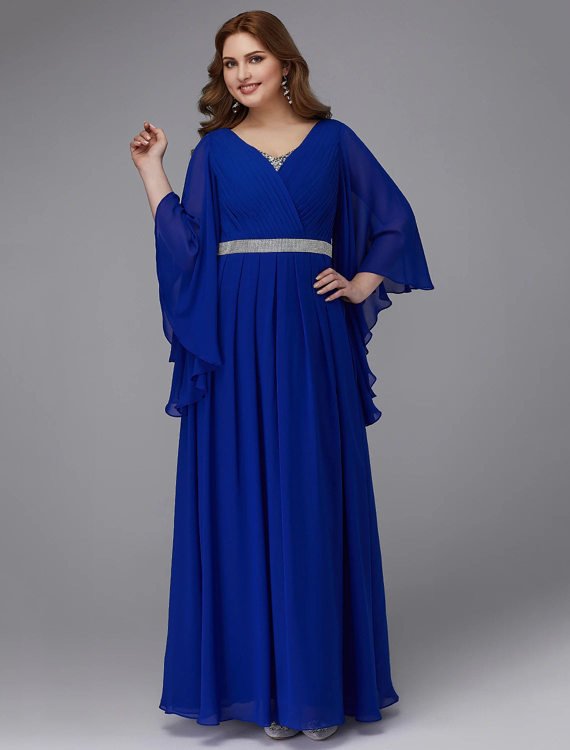 A-Line Plus Size Dress Wedding Guest Formal Evening Floor Length Long Sleeve V Neck Chiffon Lace-up with Crystals