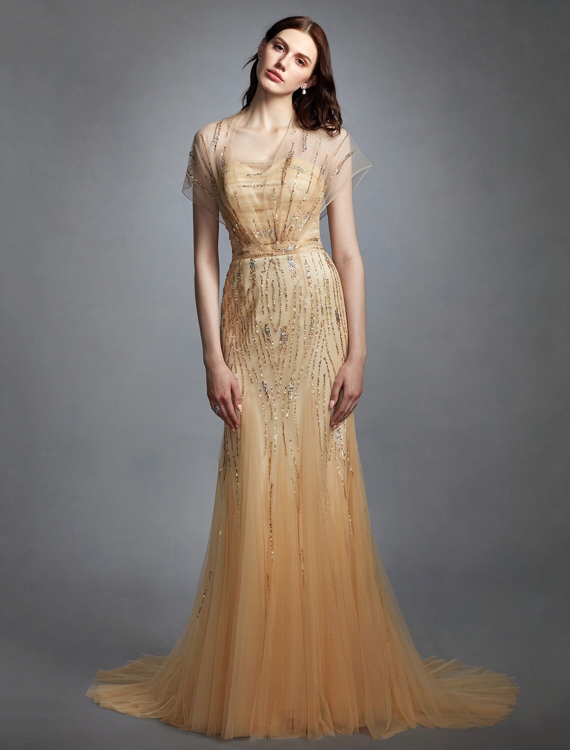 Sheath / Column V Neck Sweep Train Tulle Made-To-Measure Wedding Dresses with Sequin
