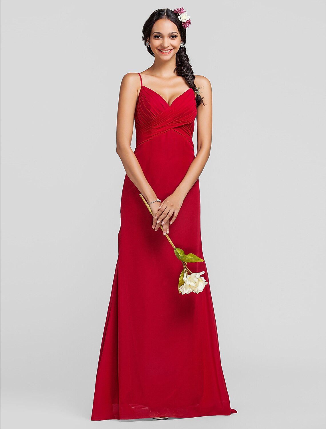 Sheath Spaghetti Strap Floor Length Chiffon Bridesmaid Dress with Criss Cross