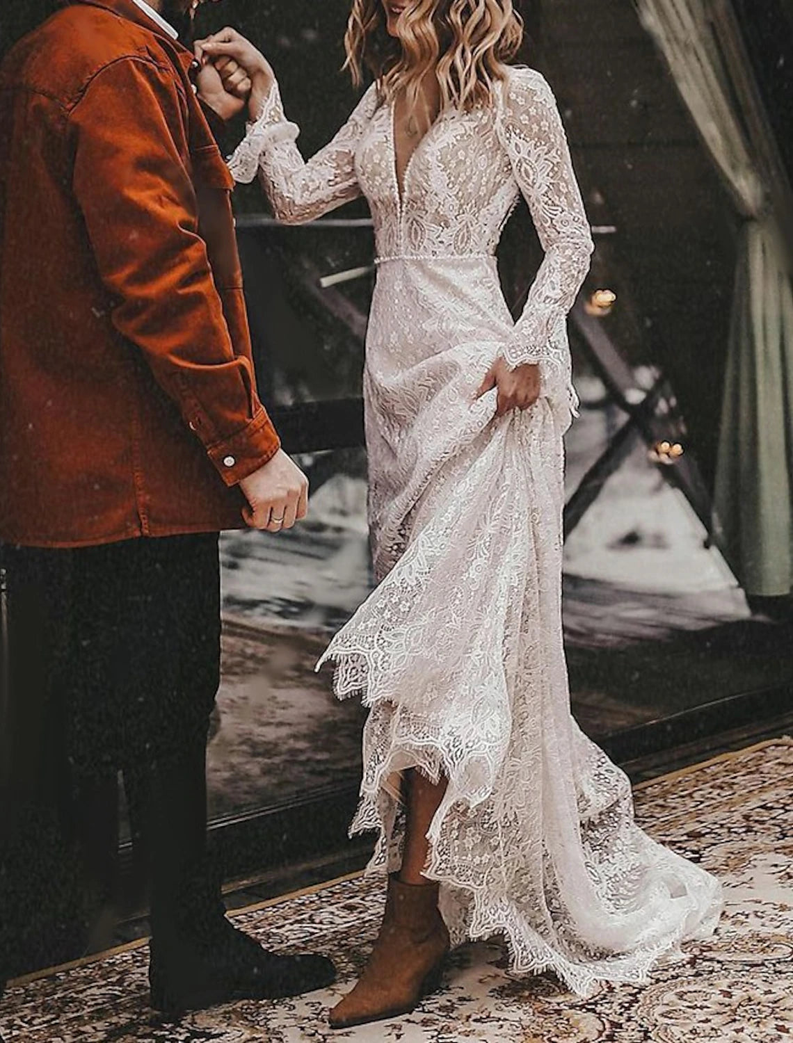 A-Line Wedding Dresses Ankle Length Vintage Little White Dresses Long Sleeve V Neck Chiffon With Solid Color Bridal