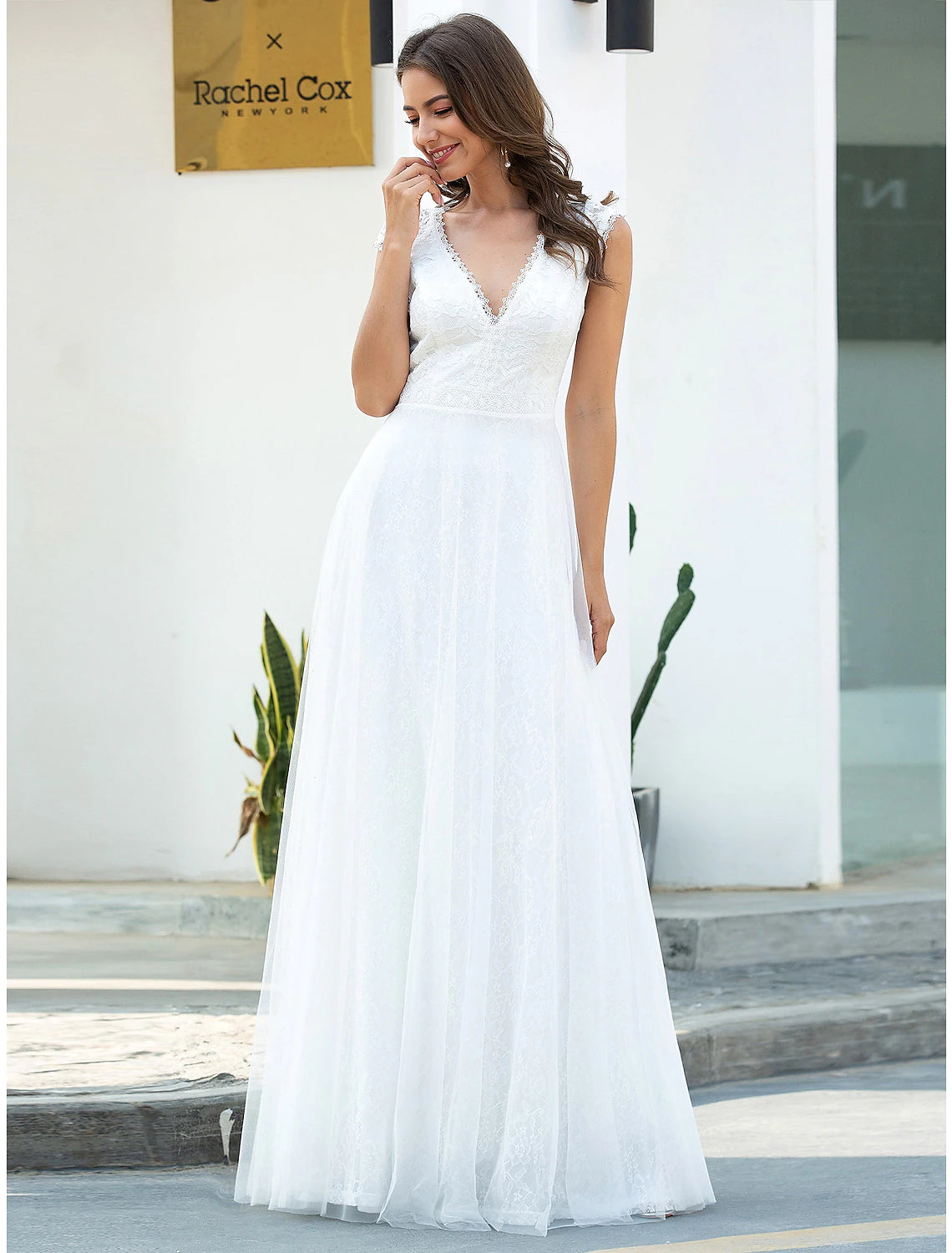 Beach Wedding Dresses A-Line V Neck Cap Sleeve Floor Length Lace Bridal Gowns