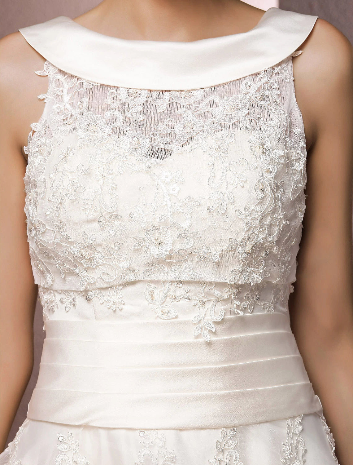 Hall Wedding Dresses Tea Length A-Line Sleeveless Illusion Neck Lace With Pearl