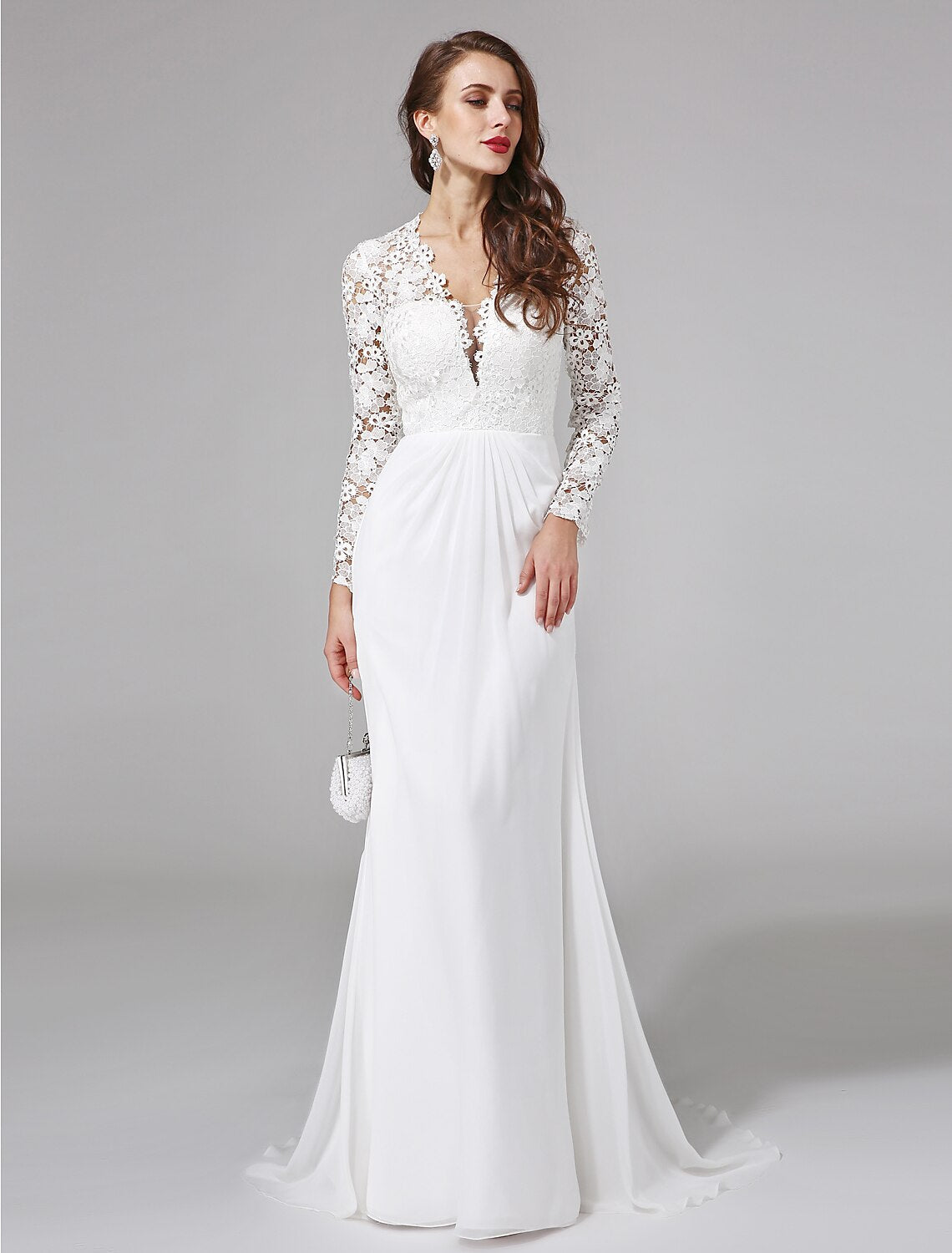 Beach Royal Style Boho Wedding Dresses Sweep / Brush Train Sheath / Column Long Sleeve Illusion Neck Chiffon