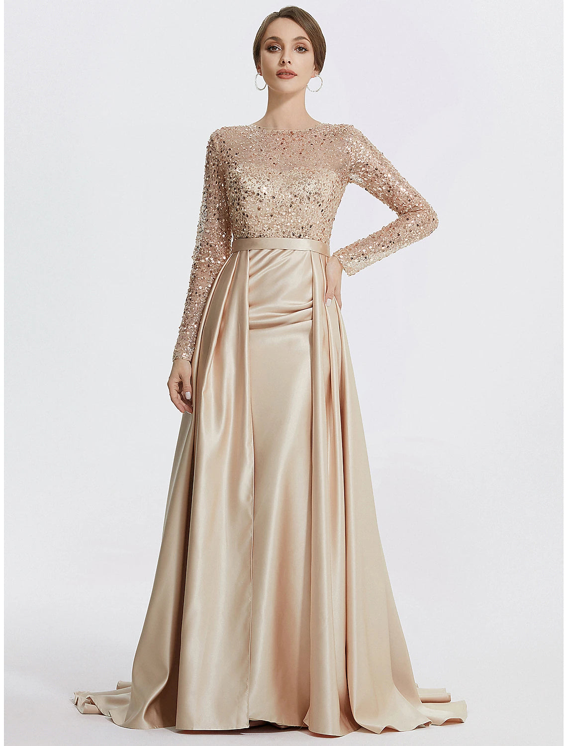 Mermaid / Trumpet Evening Gown Elegant Dress Formal Prom Floor Length Long Sleeve Jewel Neck Sequined with Glitter