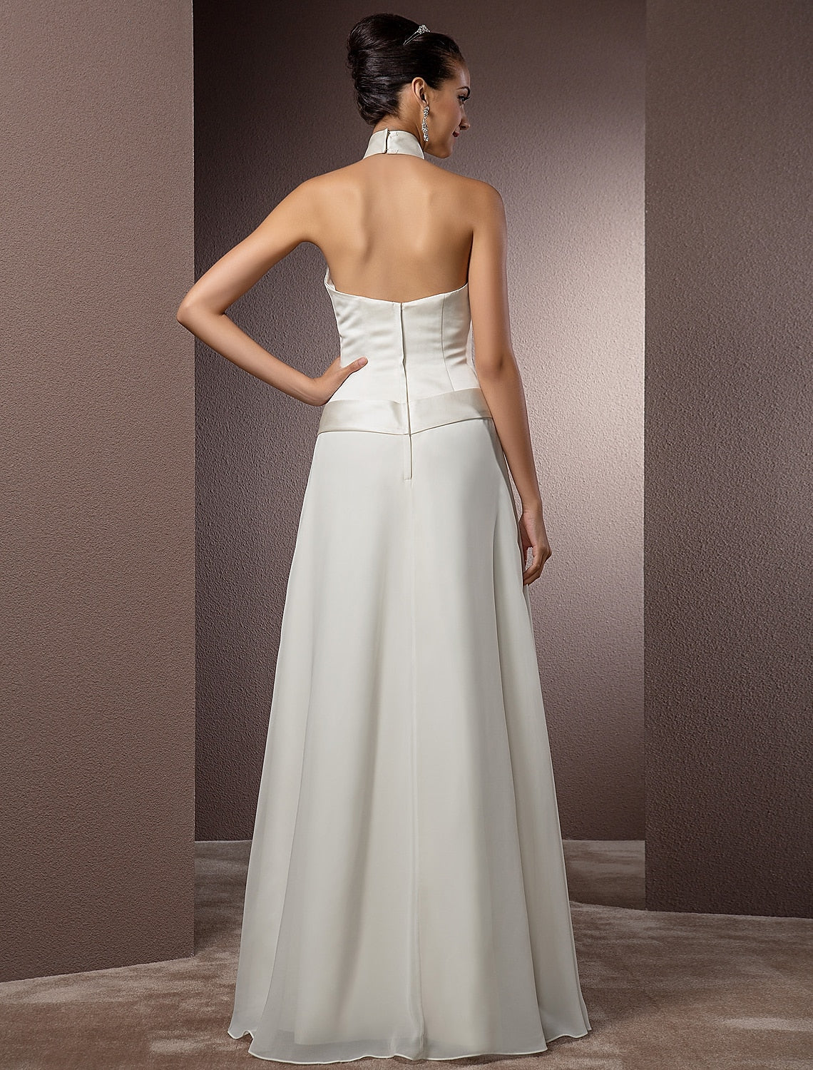 Hall Wedding Dresses Sheath / Column Halter Sleeveless Floor Length Satin Bridal Gowns With Sash