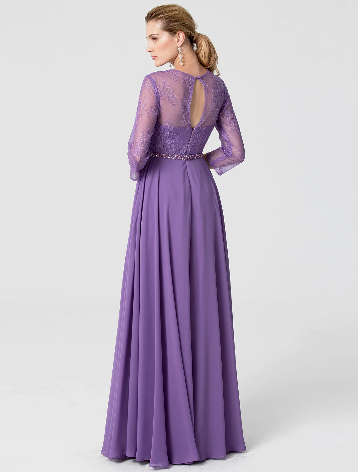 A-Line Elegant Holiday Cocktail Party Formal Evening Dress V Neck 3/4 Length Sleeve Floor Length Chiffon Lace with Sash / Ribbon Beading