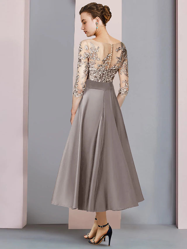 A-Line Mother of the Bride Dress Wedding Guest Party Elegant Scoop Neck Tea Length Satin Lace Half Sleeve