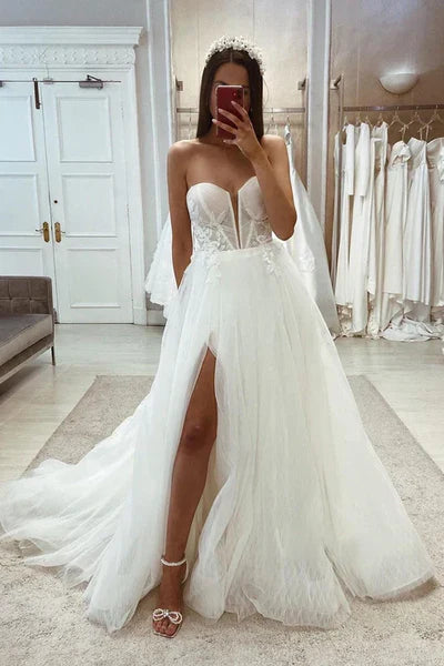 Tulle A-Line Sweetheart Detachable Long Sleeve Lace Applique With Side Slit Wedding Dress Off Shoulder