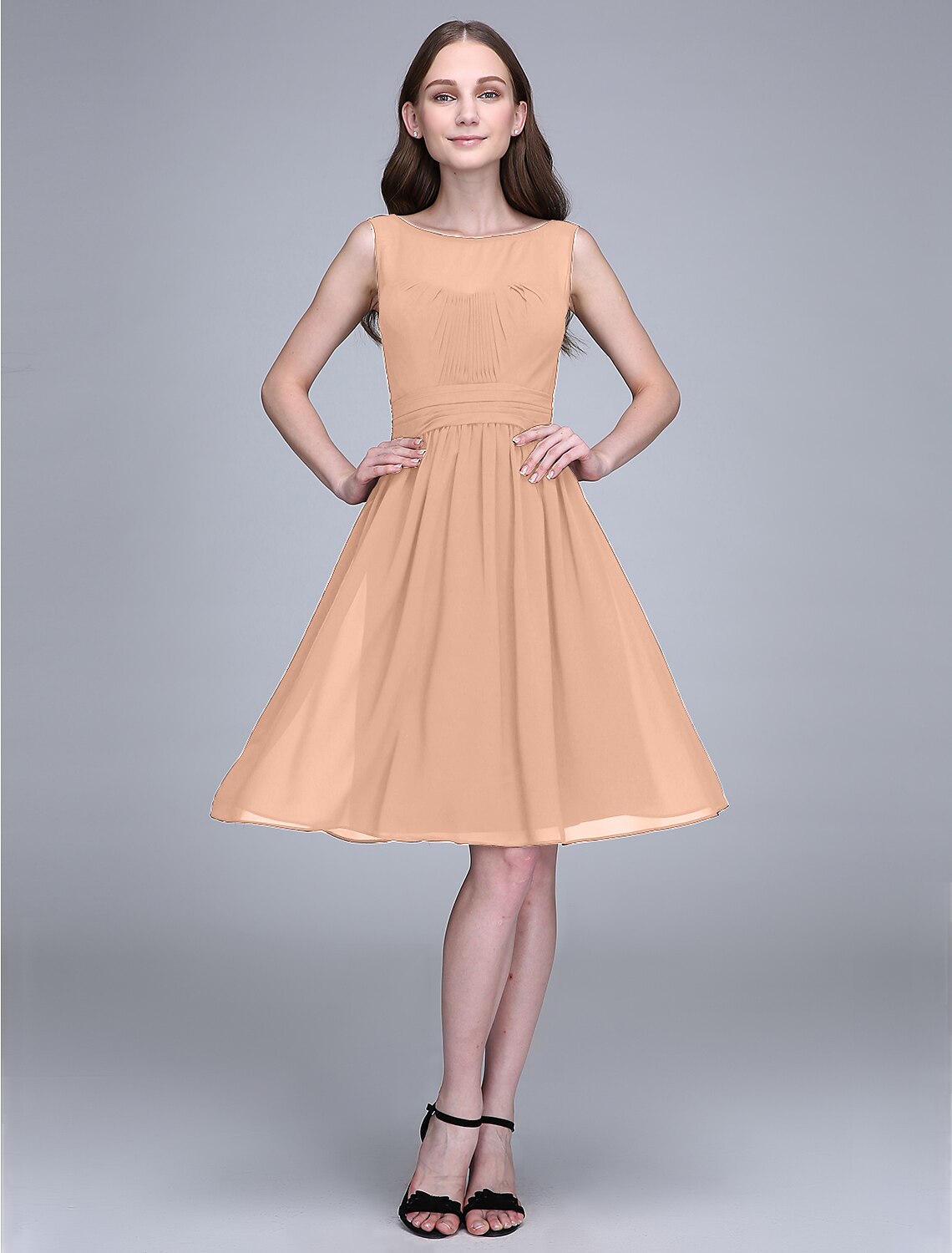 Bridesmaid Dress Jewel Neck Sleeveless Knee Length Chiffon with Ruched