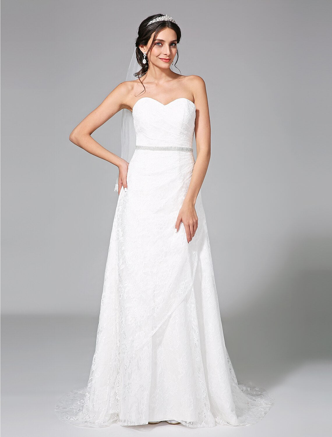 Wedding Dresses A-Line Sweetheart Sleeveless Sweep / Brush Train Lace Bridal Gowns With Sash Side-Draped