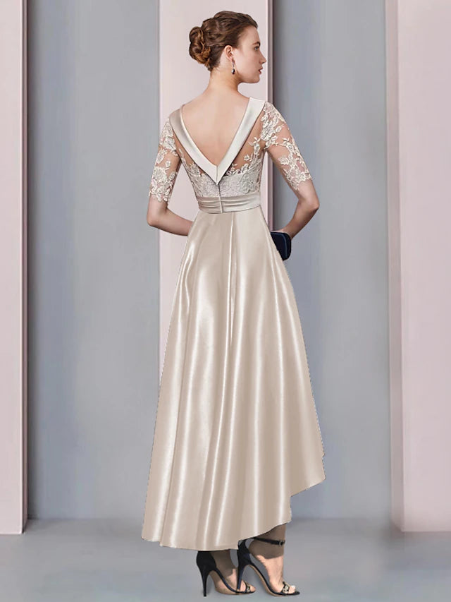 A-Line Mother of the Bride Dress Wedding Guest Elegant High Low Scoop Neck Asymmetrical Tea Length Satin Lace Half Sleeve