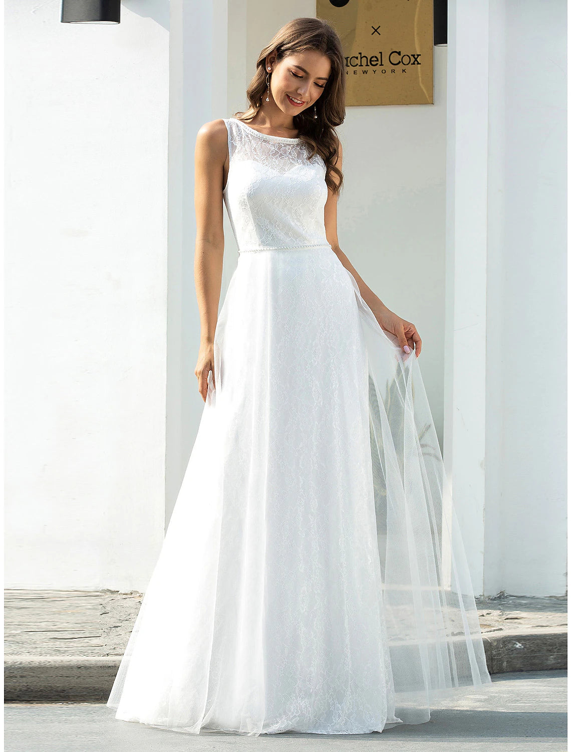 Long Beach Wedding Dresses A-Line Scoop Neck Sleeveless Floor Length Lace Bridal Gowns With Lace