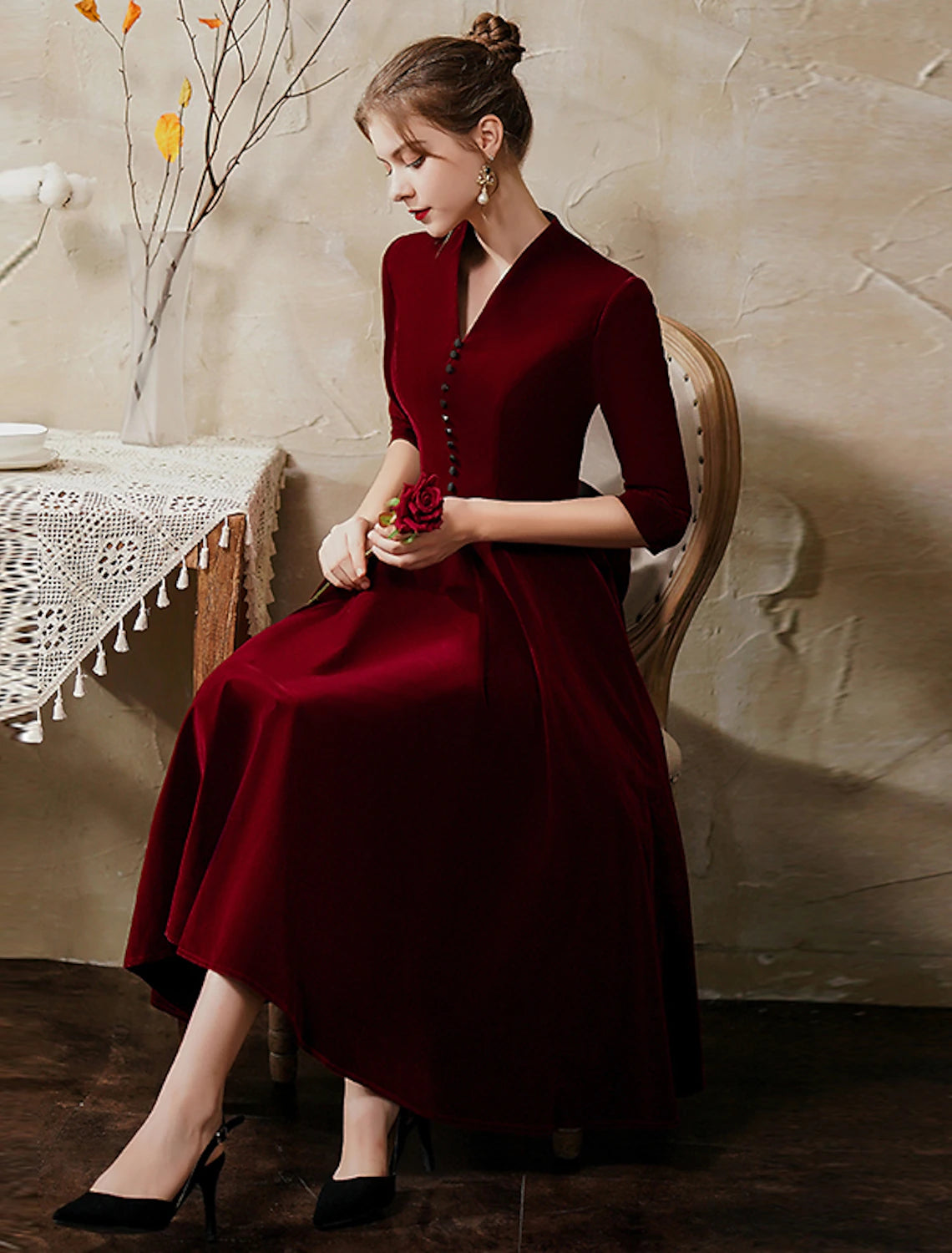 A-Line Minimalist Vintage Party Wear Cocktail Party Dress V Neck Half Sleeve Tea Length Velvet