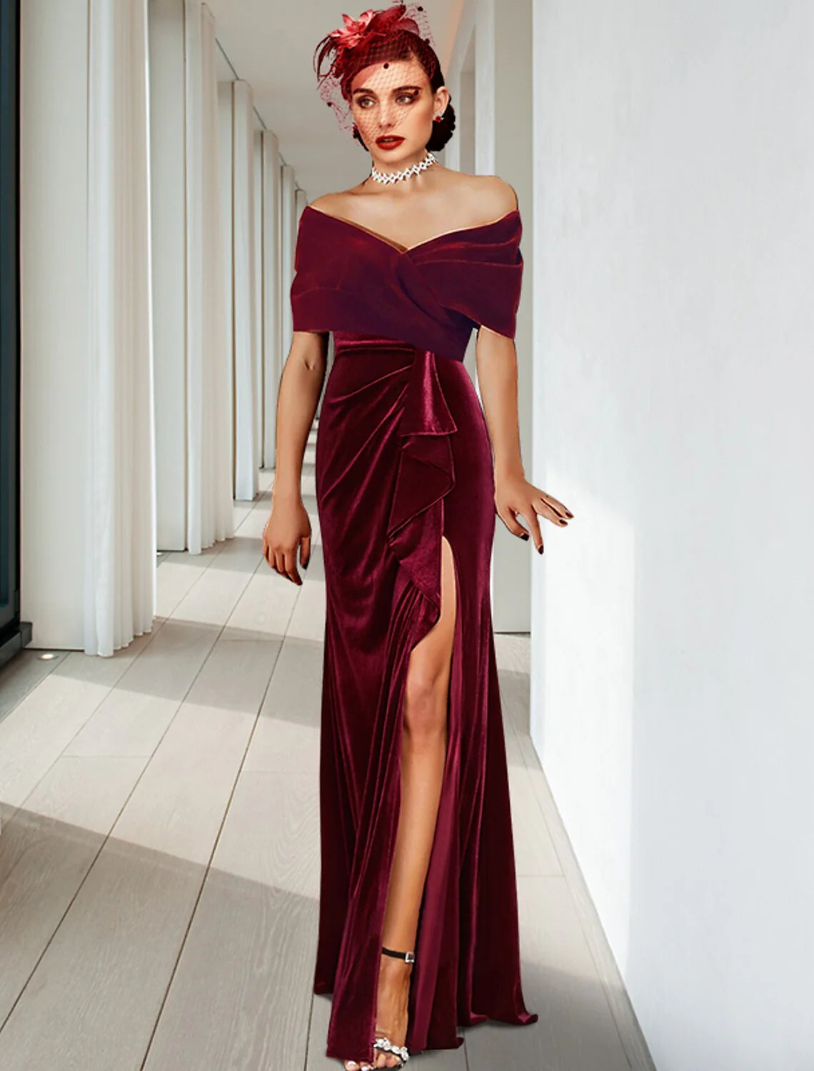 Sheath / Column Evening Gown Elegant Dress Wedding Guest Cocktail Party Floor Length Sleeveless V Neck Velvet with Pleats
