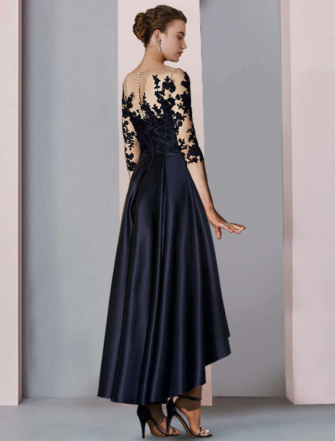 A-Line Mother of the Bride Dress Fall Wedding Guest Elegant High Low Scoop Neck Asymmetrical Tea Length Satin Lace 3/4 Length Sleeve with Pleats