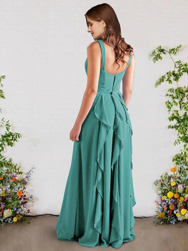 A-Line Bridesmaid Dress V Neck Sleeveless Elegant Floor Length Chiffon with Ruffles Pure Color