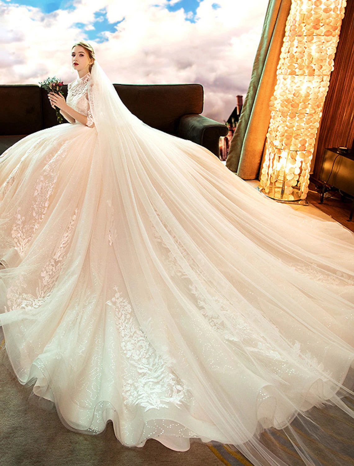 Engagement Sparkle & Shine Formal Wedding Dresses Ball Gown High Neck Long Sleeve Cathedral Train Lace Bridal Gowns With Sequin