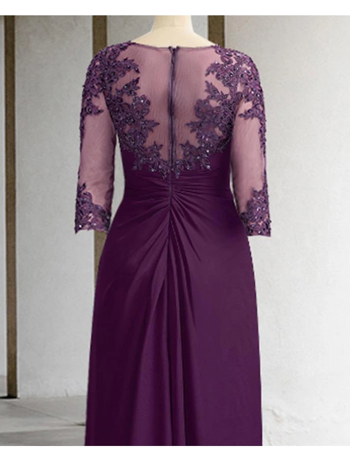 Sheath / Column Mother of the Bride Dress Formal Fall Wedding Guest Elegant Sequin Scoop Neck Floor Length Chiffon Lace 3/4 Sleeve with Appliques Sparkle