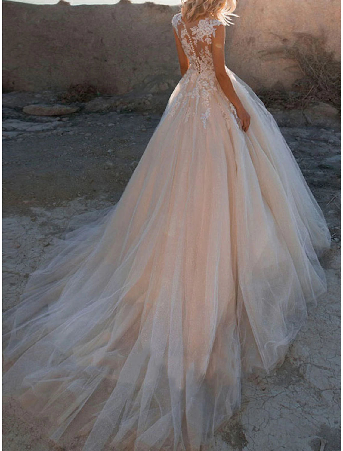 Formal Wedding Dresses Ball Gown Illusion Neck Cap Sleeve Court Train Lace Bridal Gowns With Buttons Appliques Summer Wedding Party