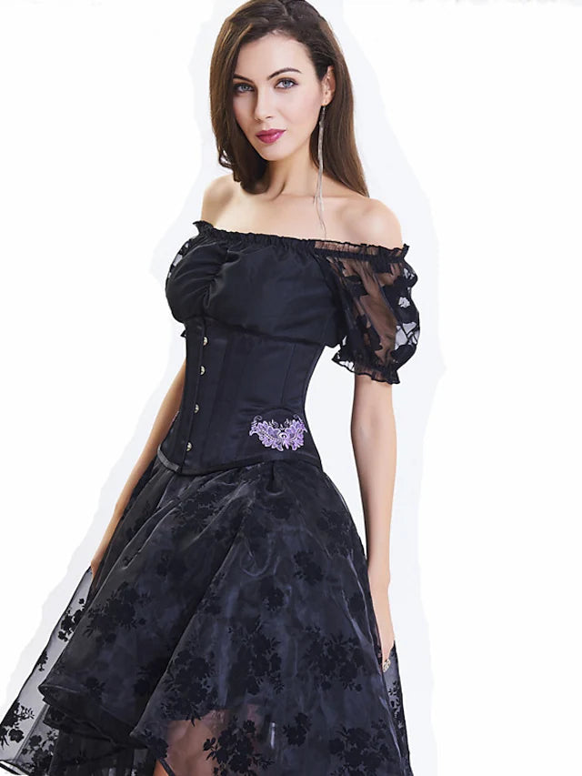 A-Line Prom Dresses Vintage Dress Masquerade Asymmetrical Short Sleeve Off Shoulder Lace with Embroidery