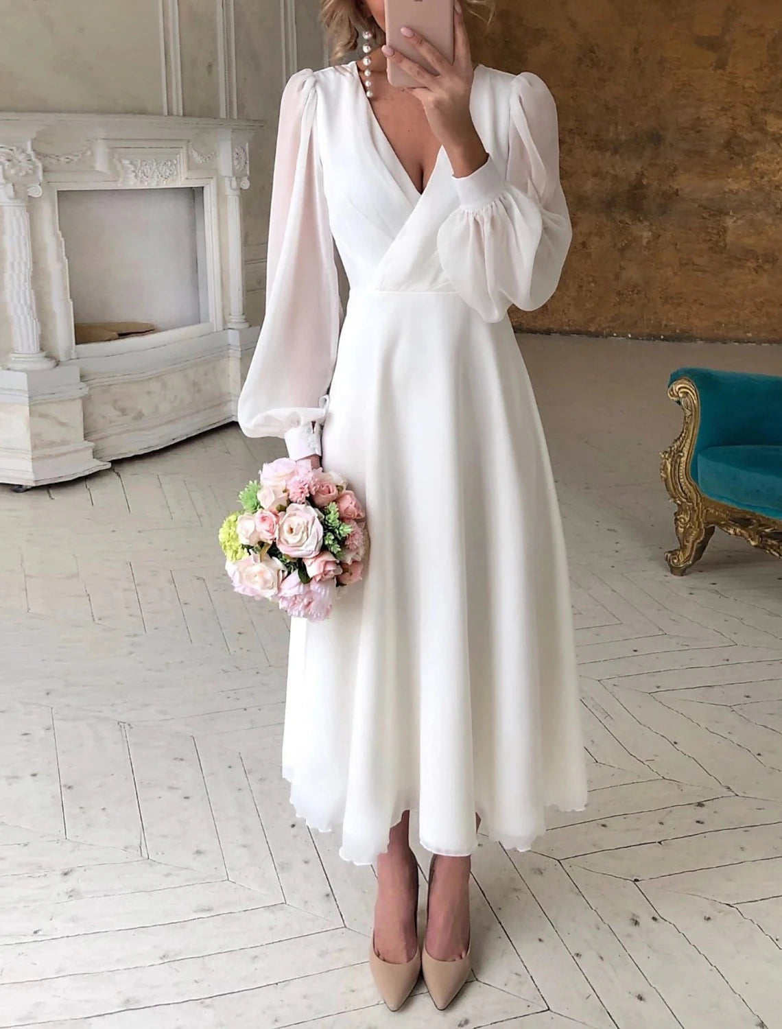 Bridal Shower Little White Dresses Wedding Dresses Ankle Length Long Sleeve V Neck Chiffon With Solid Color