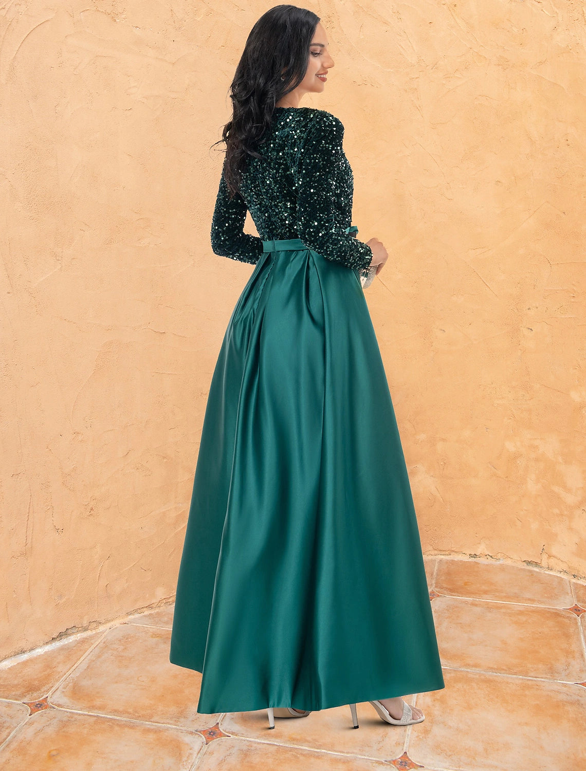 Ball Gown Cocktail Dresses Sparkle & Shine Dress Wedding Party Floor Length Long Sleeve V Neck Sequined
