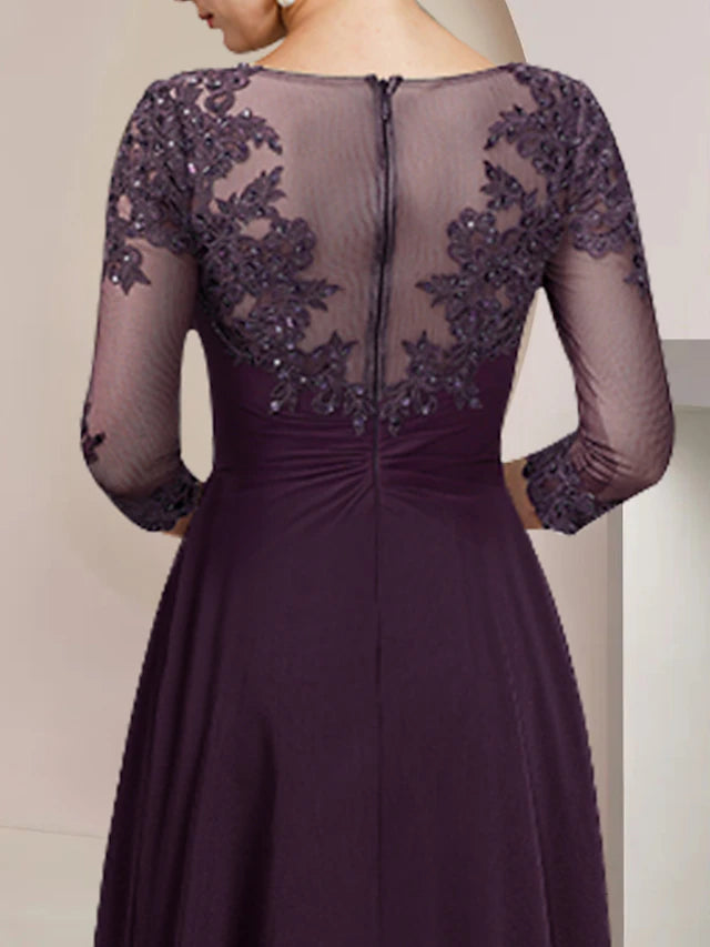 A-Line Mother of the Bride Dress Formal Wedding Guest Elegant High Low Scoop Neck Asymmetrical Tea Length Chiffon Lace 3/4 Length Sleeve with Sequin Tier