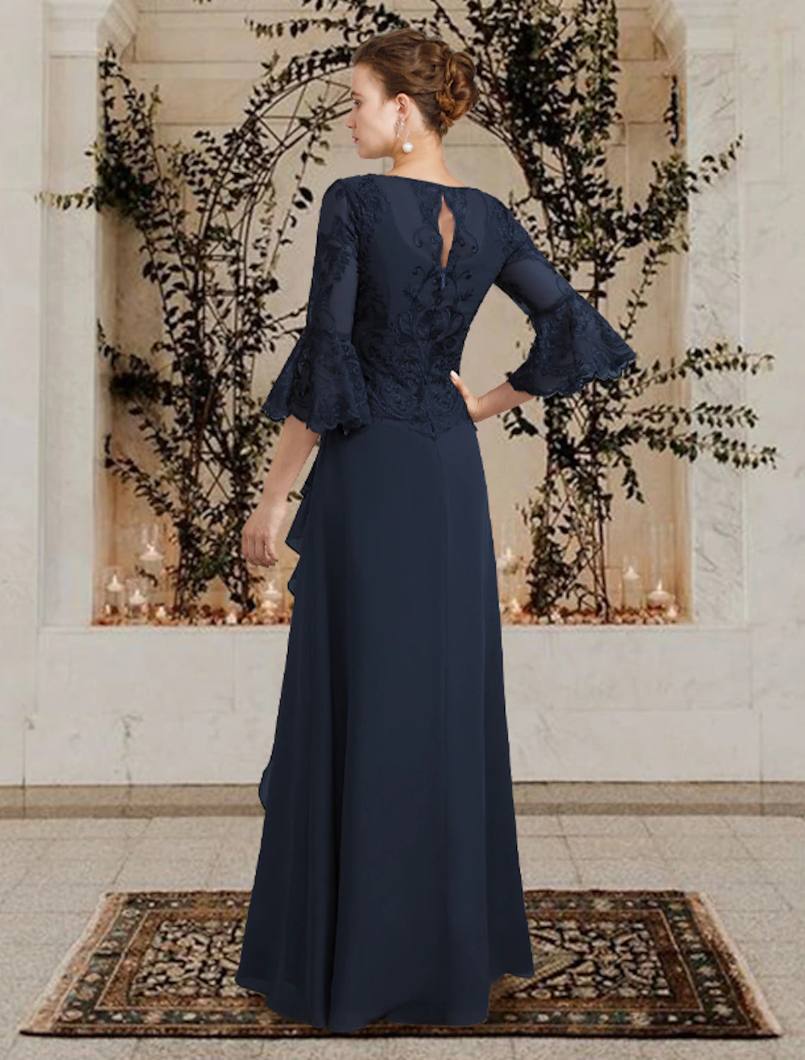 Sheath / Column Mother of the Bride Dress Plus Size Elegant Jewel Neck Floor Length Chiffon Lace Half Sleeve with Sequin