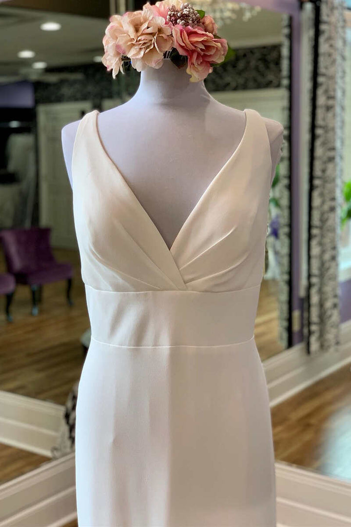 White V-Neck Square Back Long Bridal Gown Pure Color