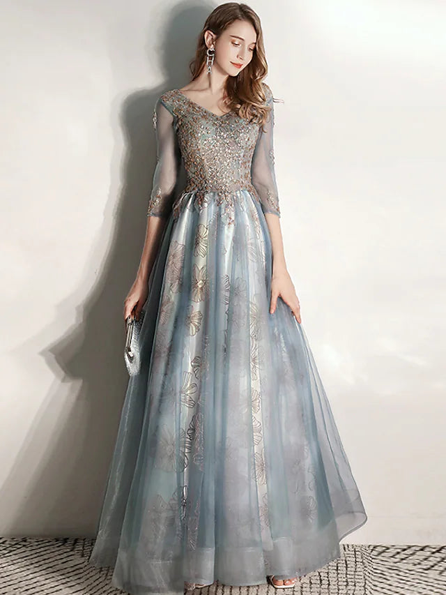 A-Line Prom Dresses Elegant Dress Engagement Floor Length Half Sleeve V Neck Tulle with Pleats Pattern / Print