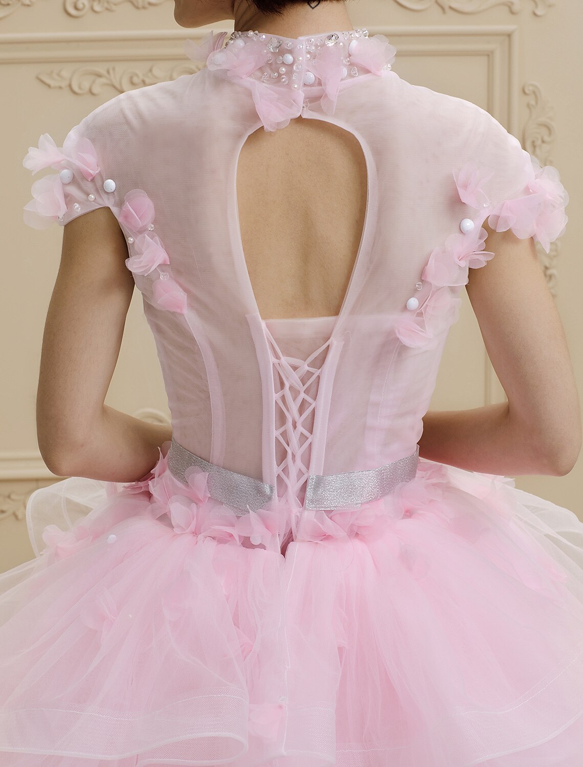 Ball Gown High Neck Floor Length Organza Tulle Wedding Dress with Crystal Beading Bow