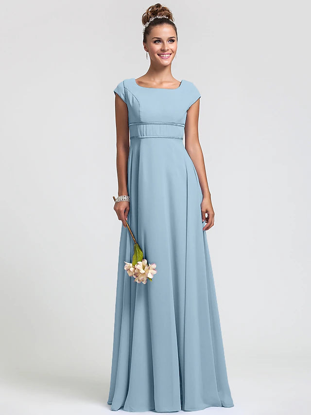 Sheath / Column Bridesmaid Dress Square Neck Short Sleeve Elegant Floor Length Chiffon with Sash / Ribbon