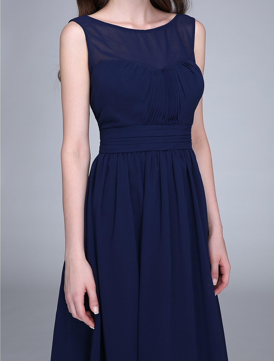Bridesmaid Dress Jewel Neck Sleeveless Knee Length Chiffon with Ruched