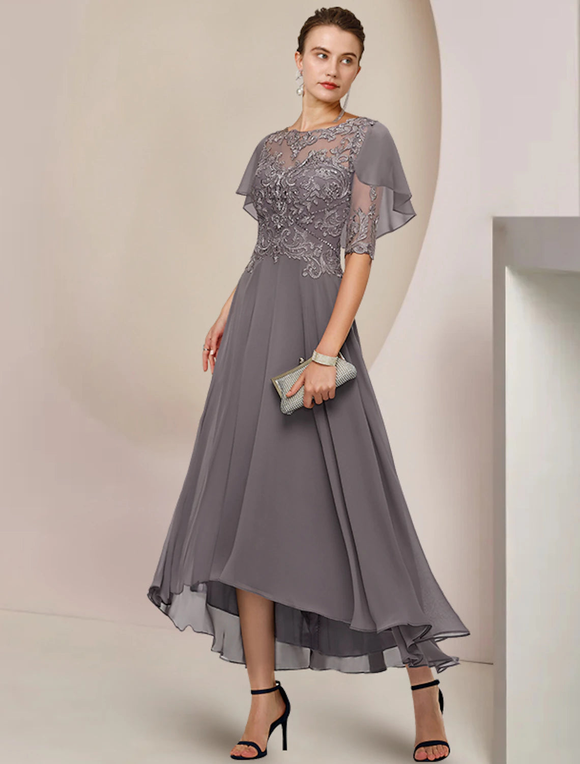 A-Line Mother of the Bride Dress Formal Wedding Guest Elegant Scoop Neck Asymmetrical Tea Length Chiffon Lace Half Sleeve