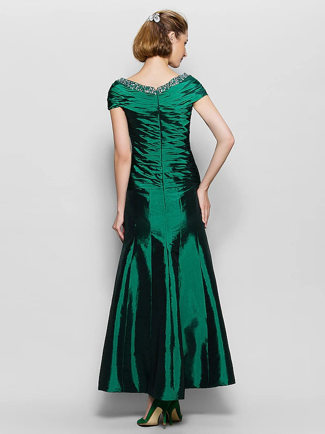 A-Line Mother of the Bride Dress Vintage Inspired V Neck Ankle Length Taffeta Short Sleeve with Beading Side